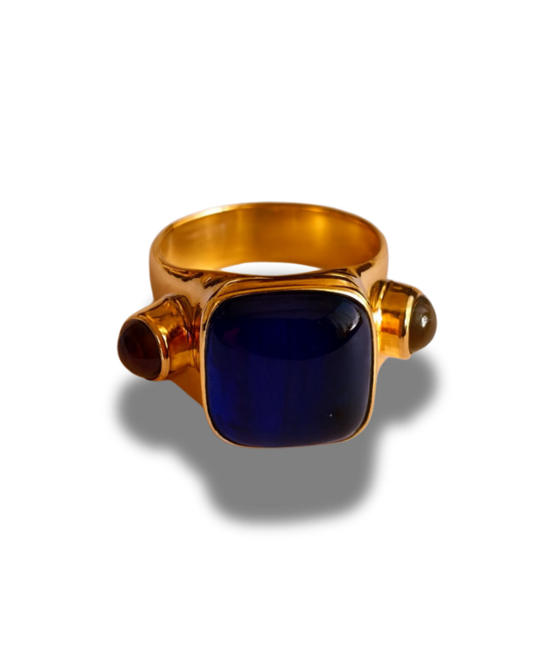 Goldplated Ring with Three Dark Blue Glassbeads