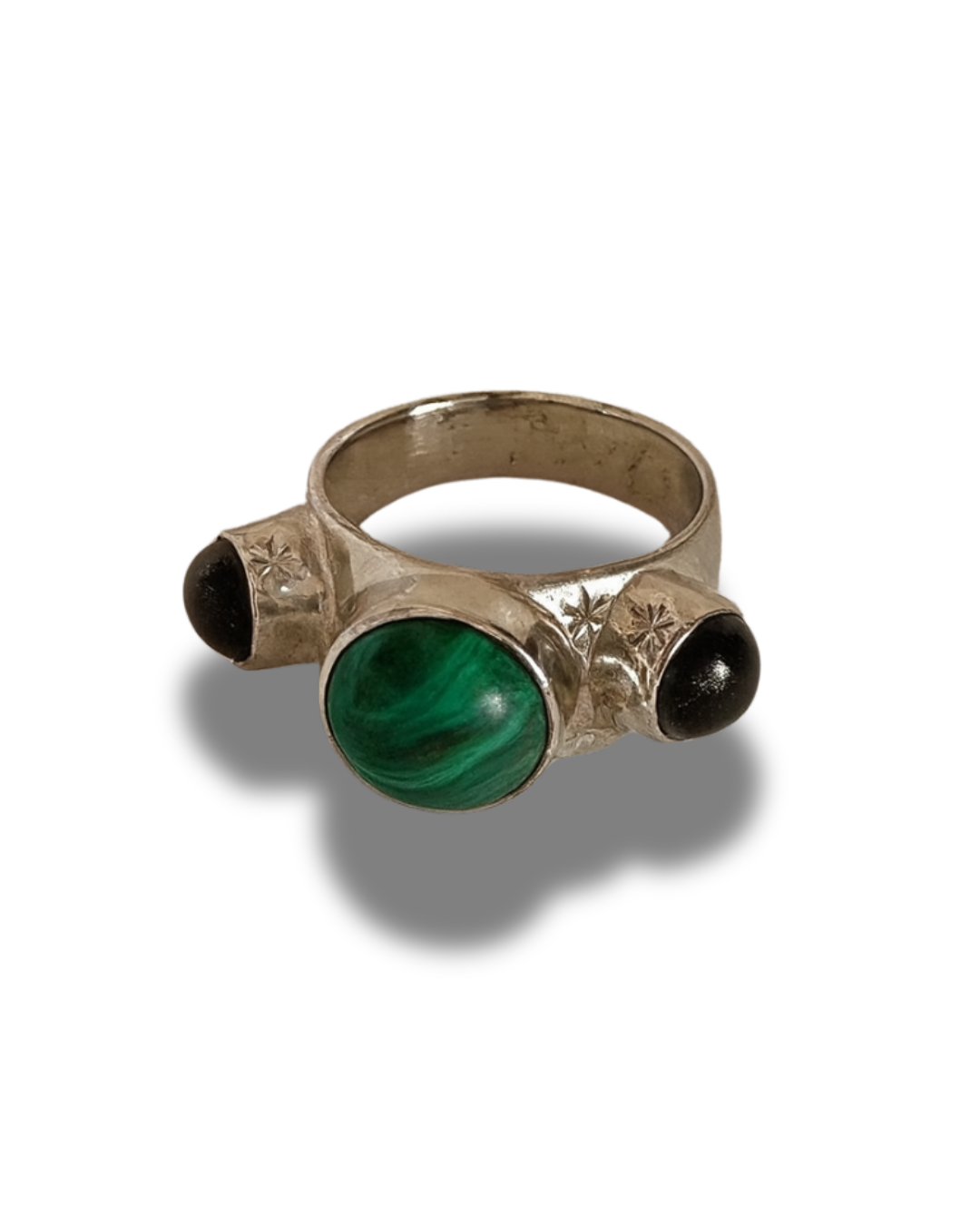 Silverplated Ring with Malachite and Two Blue Glassbeads