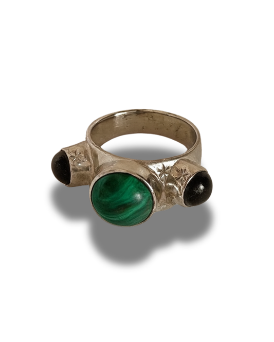 Silverplated Ring with Malachite and Two Blue Glassbeads