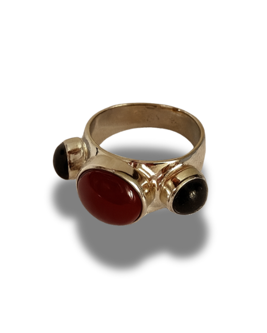 Silverplated Ring with Dark Red and Two Dark Blue Glassbeads