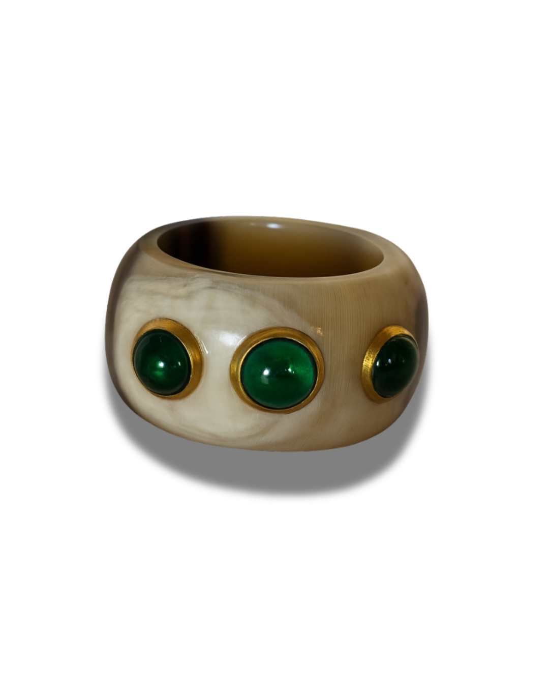 Ring Made From Fine Horn with Three Green Glassbeads