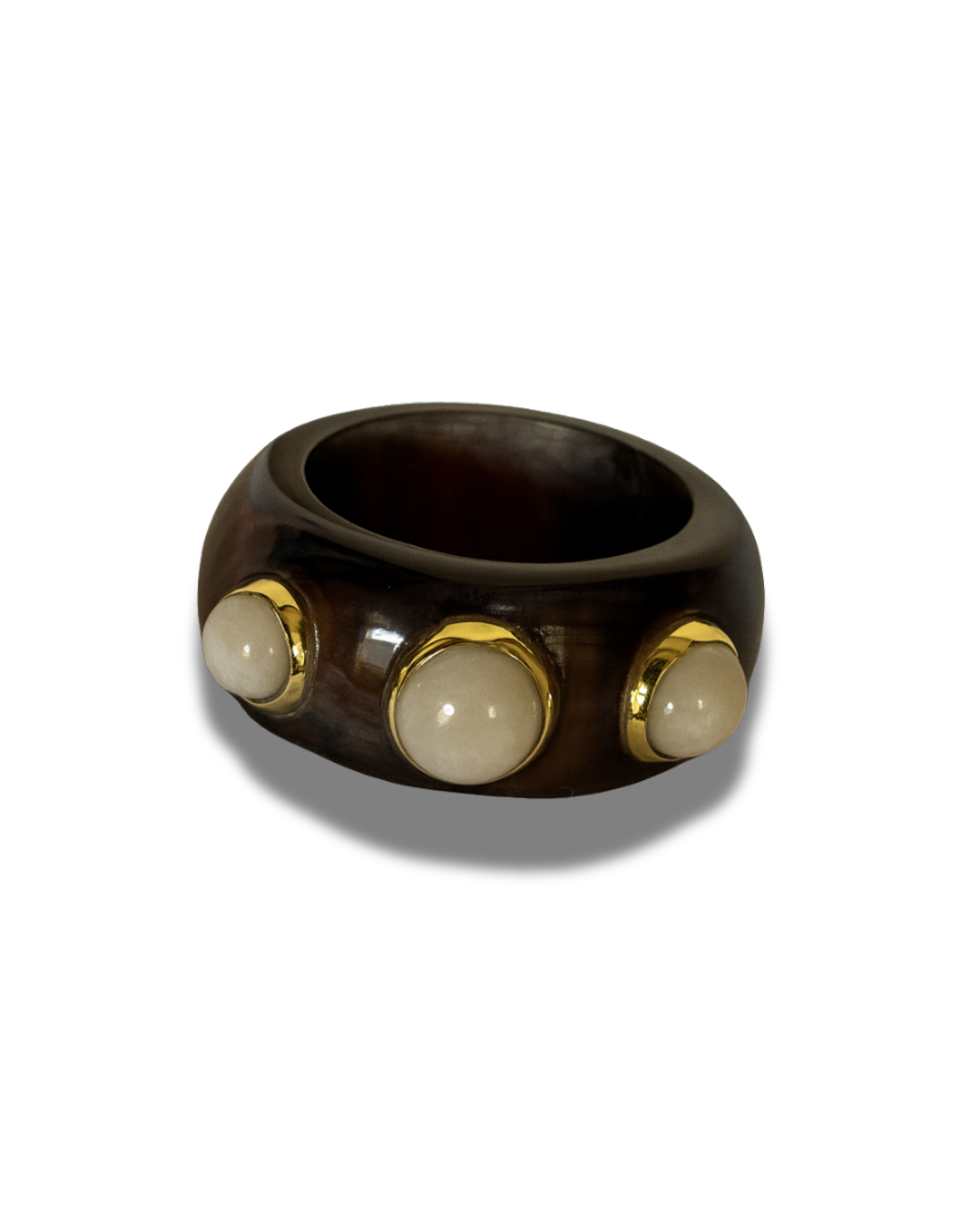 Ring Made From Dark Horn and White Glassbeads