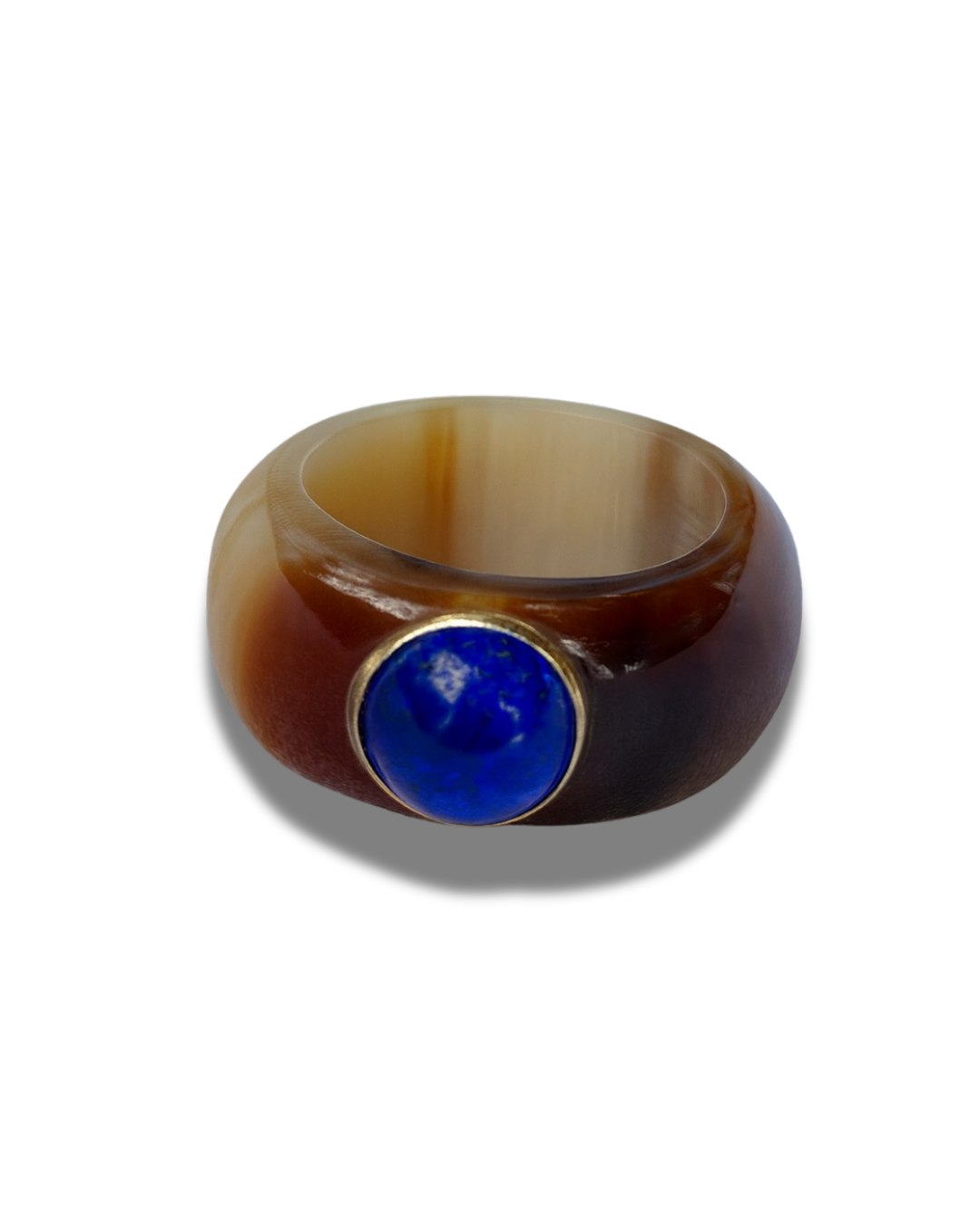 Brown Horn Ring With Light Blue Glassbead