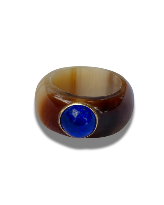 Brown Horn Ring With Light Blue Glassbead