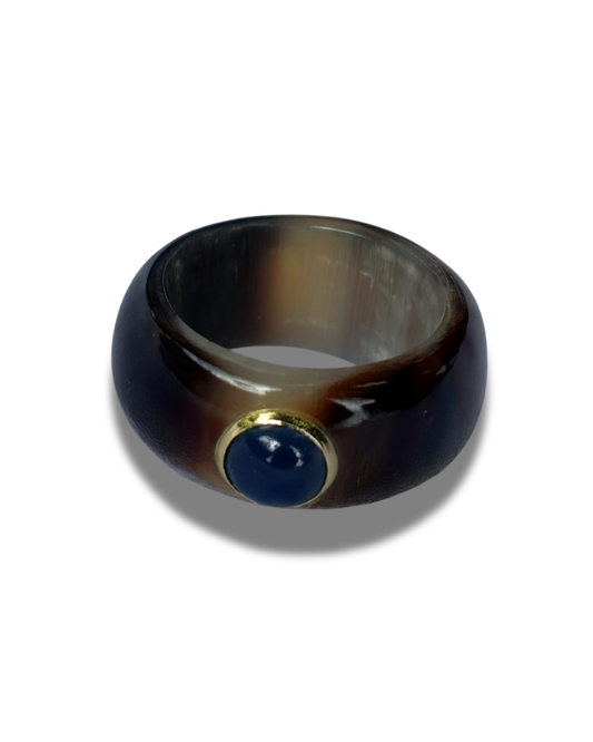 Ring Made From Brown Horn with Dark Blue Glassbead