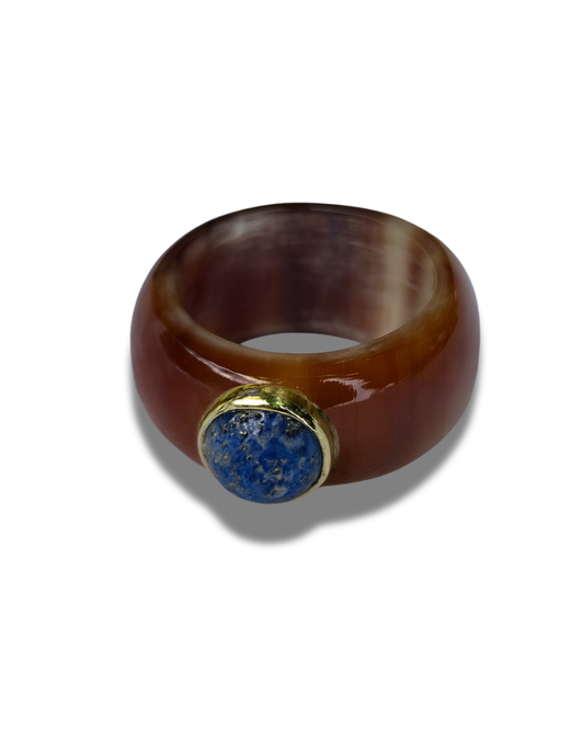 Brown Horn Ring with Lapis lazuli